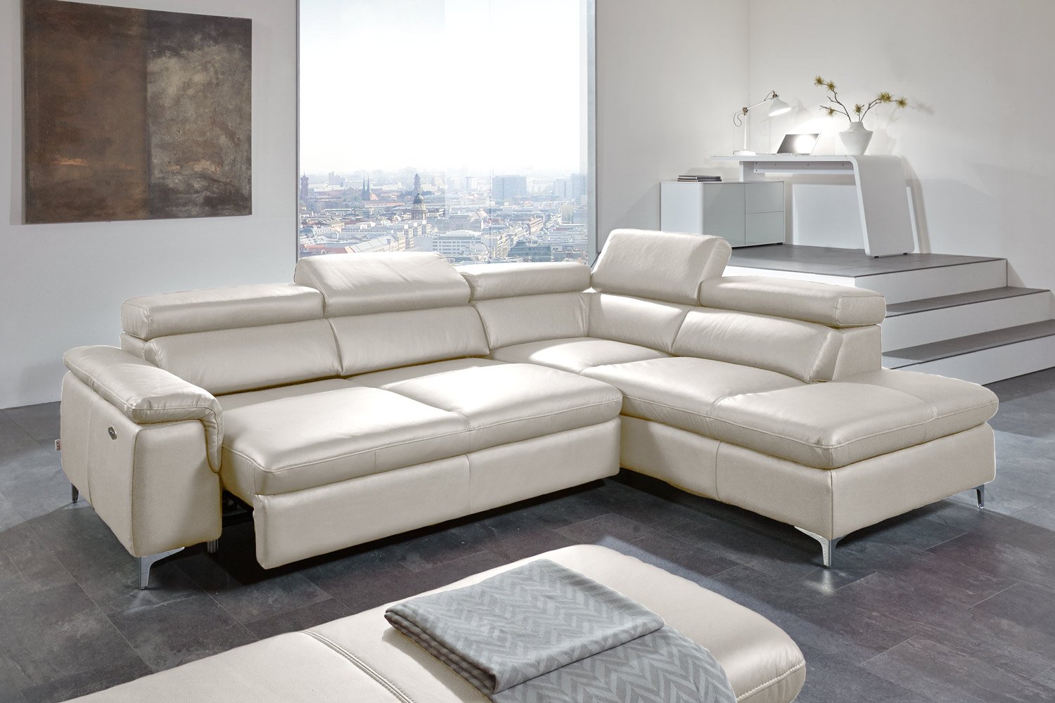 Echt Leder Ecksofa Bastia inkl. Vorziehsitz Beige rechts