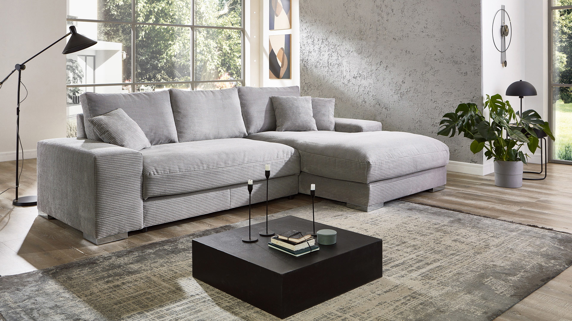 Ecksofa Soft mit losen Rückenkissen in Trendstoff Cord Ecksofa Soft mit losen Rückenkissen in Trendstoff Cord
