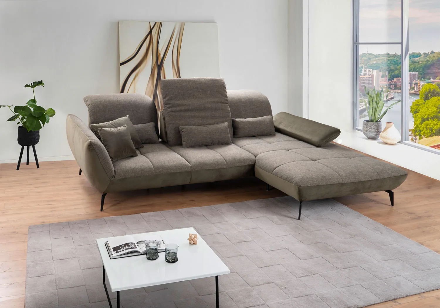 Stoff Ecksofa L-Form mit Sitztiefenverstellung Braun links