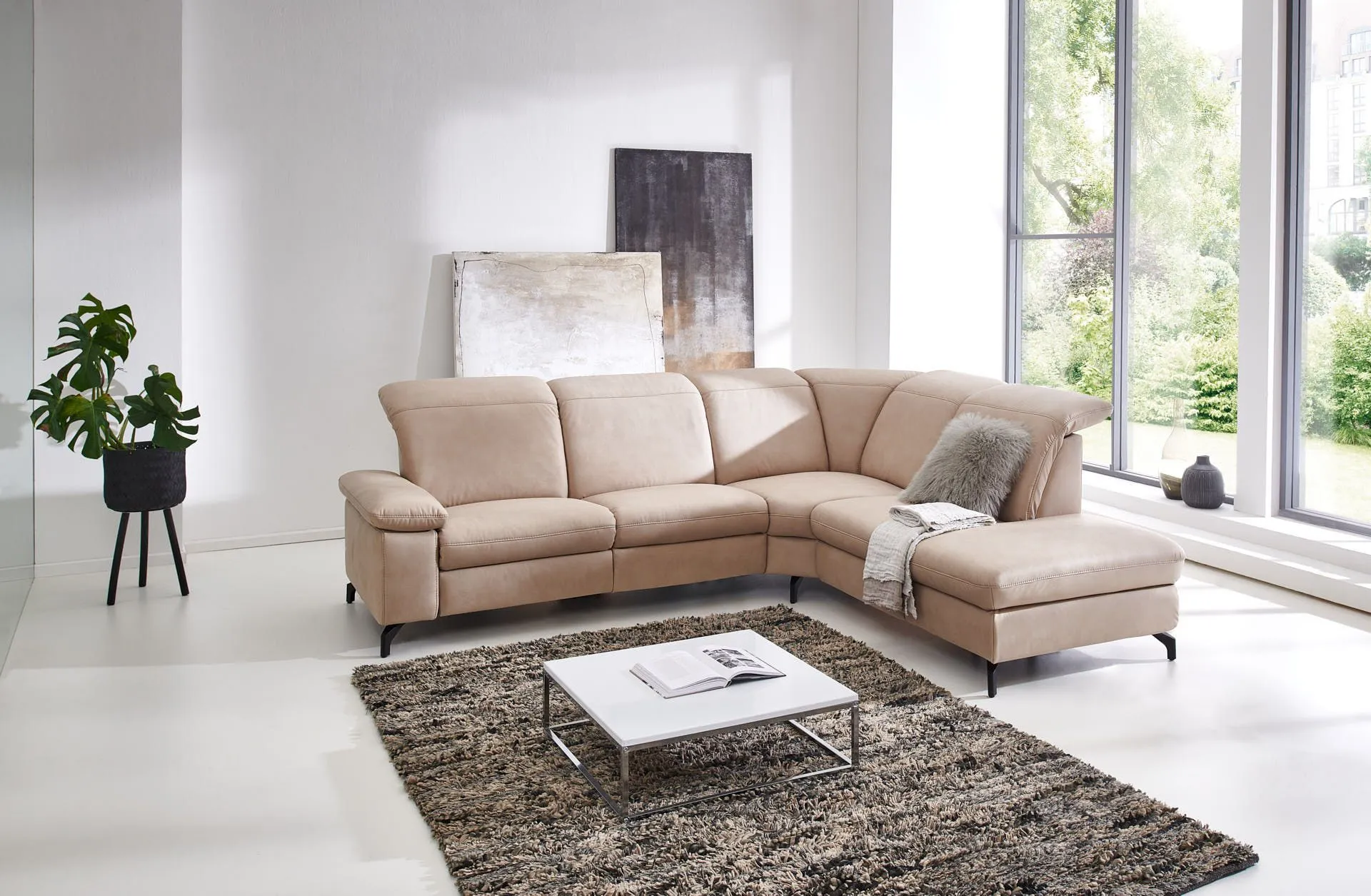 Ecksofa mit Funktionen, Armlehnenfunktion und Kopfteilfunktion Beige rechts 