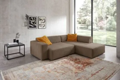 Ecksofa im Trendstoff Cord mit elektrischem Sitzvorzug mgl. Braun links mit Funktion