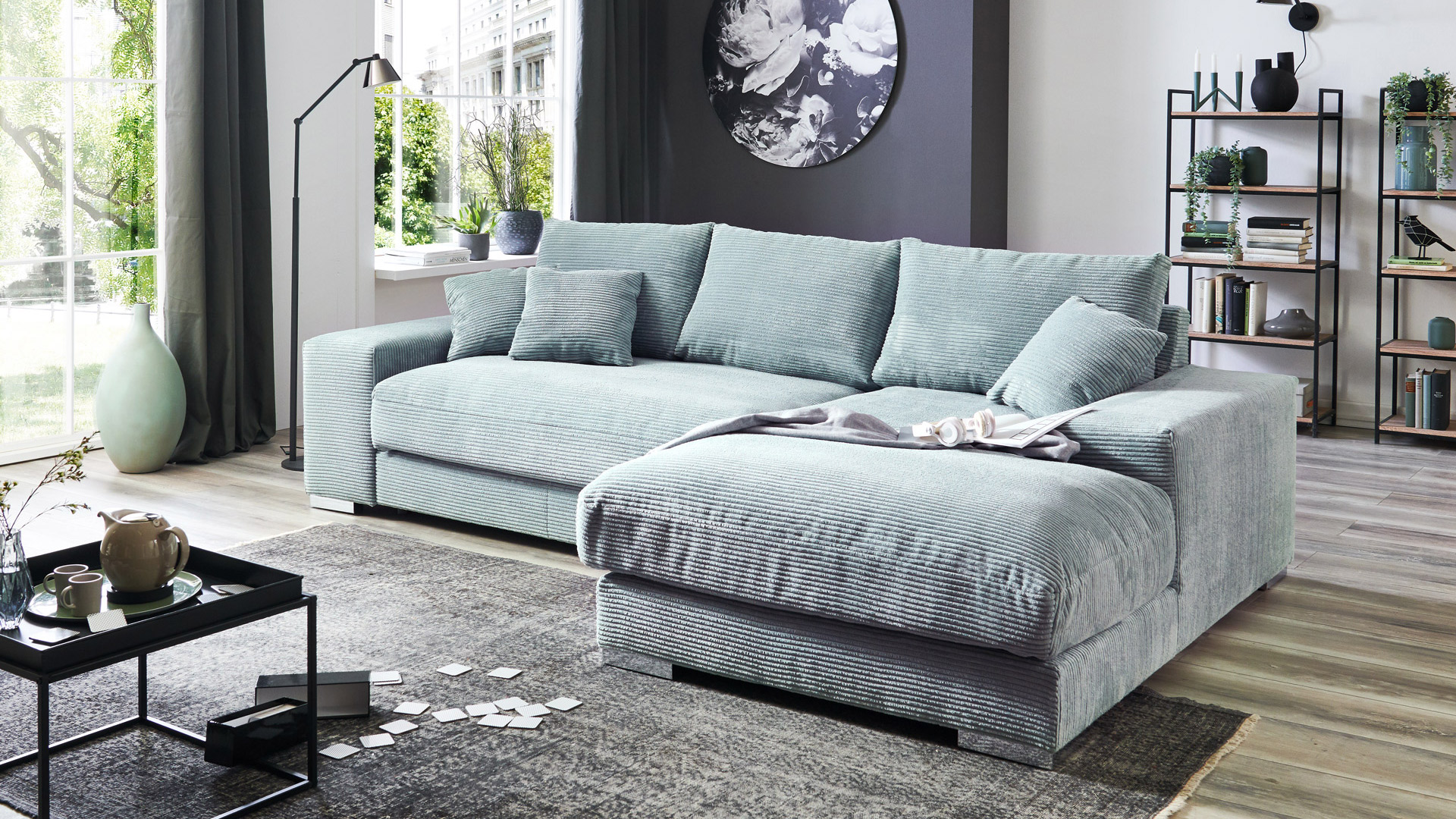 Ecksofa Soft mit losen Rückenkissen in Trendstoff Cord