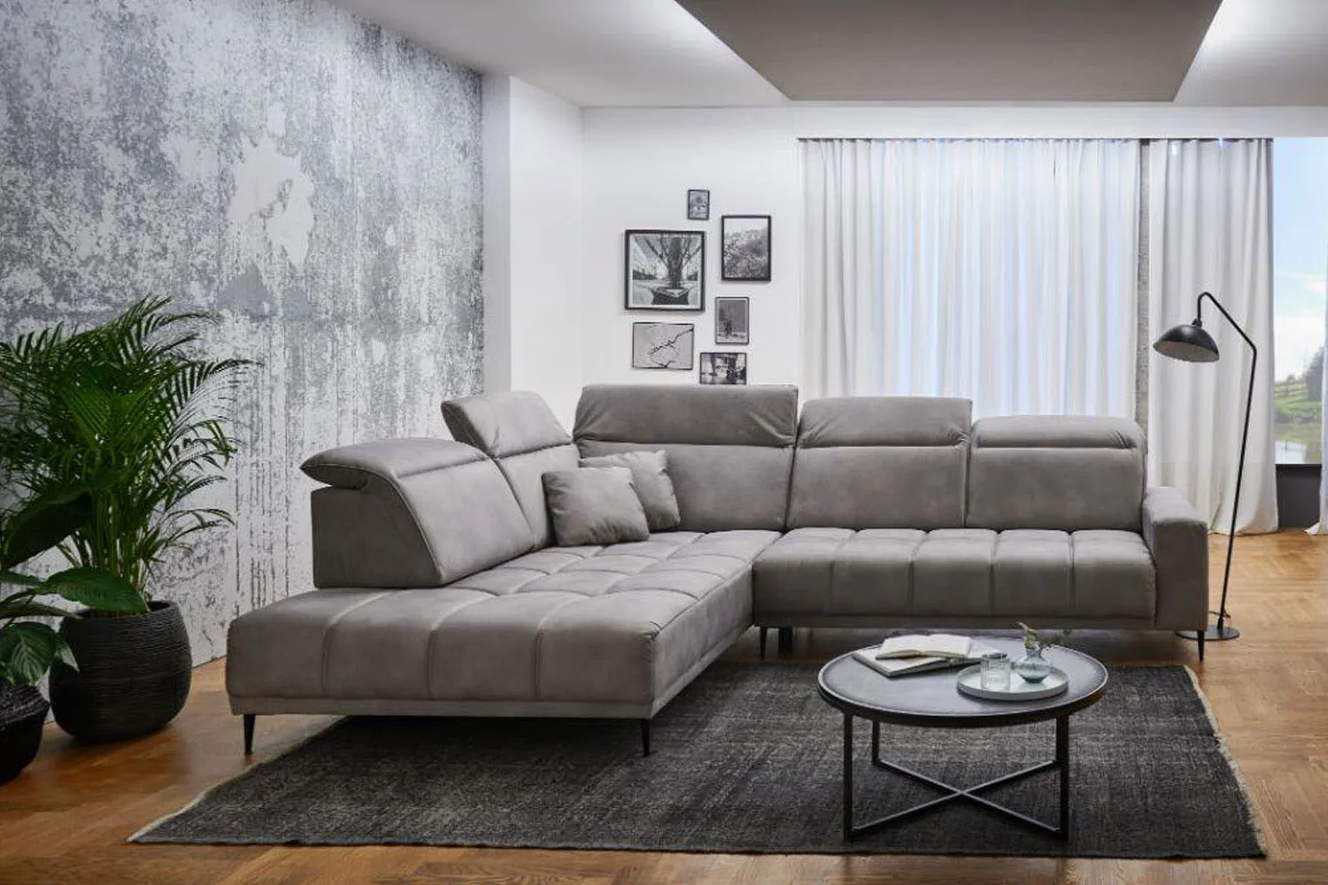 Ecksofa inkl. manueller Kopfteilverstellung in Stoff Grau links mit Funktion