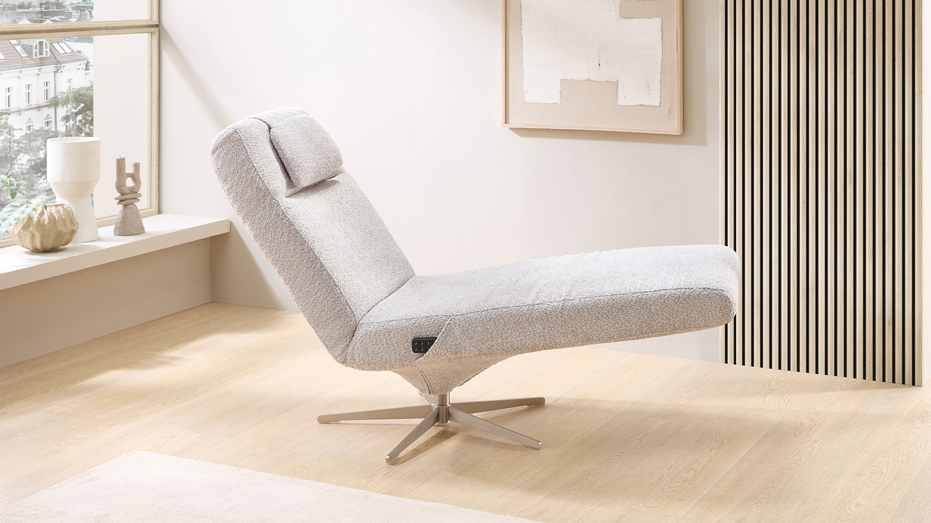 Cuoio Liege Positano mit 3-motorischer Relaxfunktion in Trendstoff Bouclé Cuoio Liege Positano mit 3-motorischer Relaxfunktion in Trendstoff Bouclé