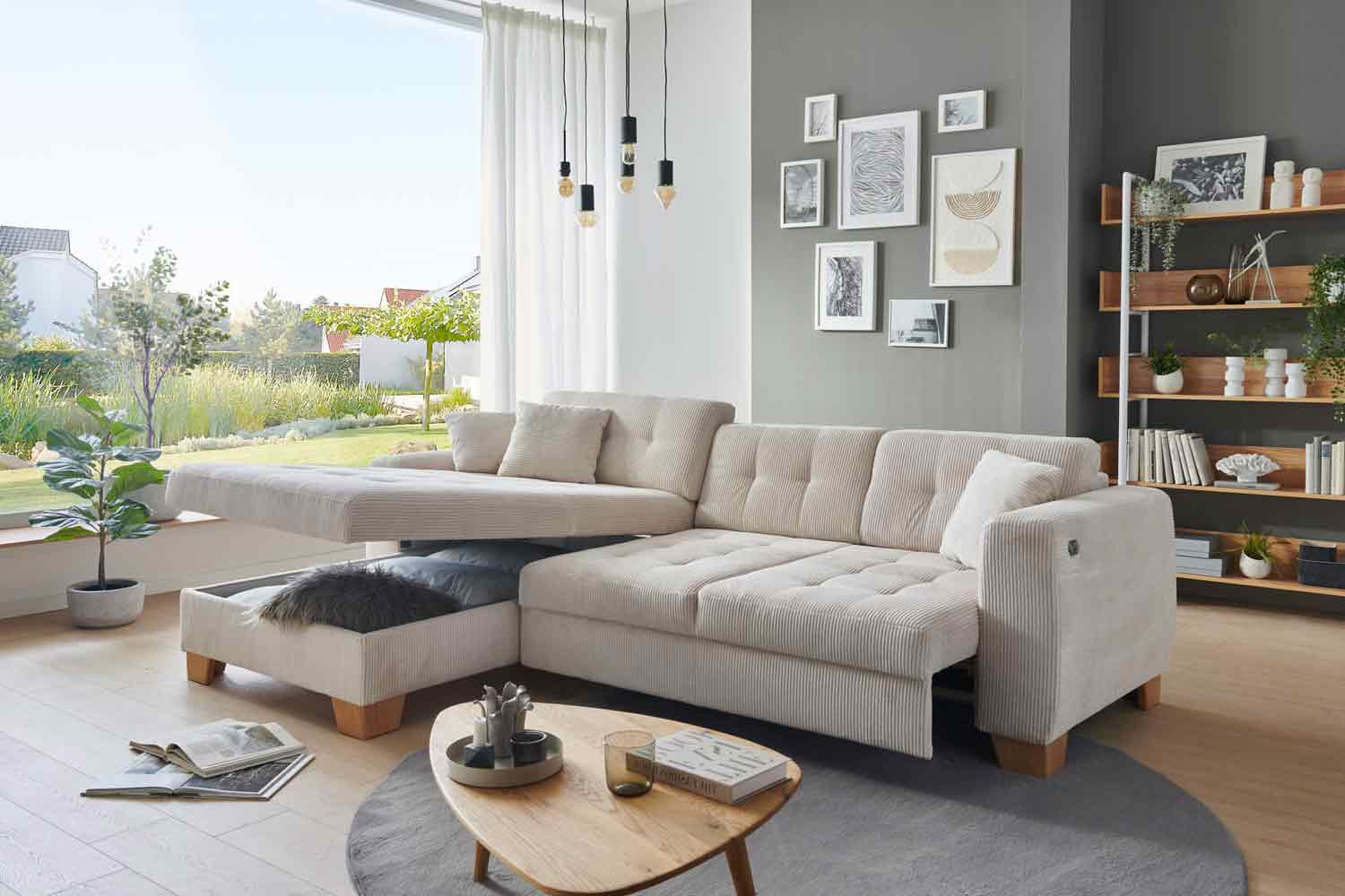 Ecksofa Milo mit motor Sitzvorzug und Bettkasten Cord Ecksofa Milo mit motor Sitzvorzug und Bettkasten Cord