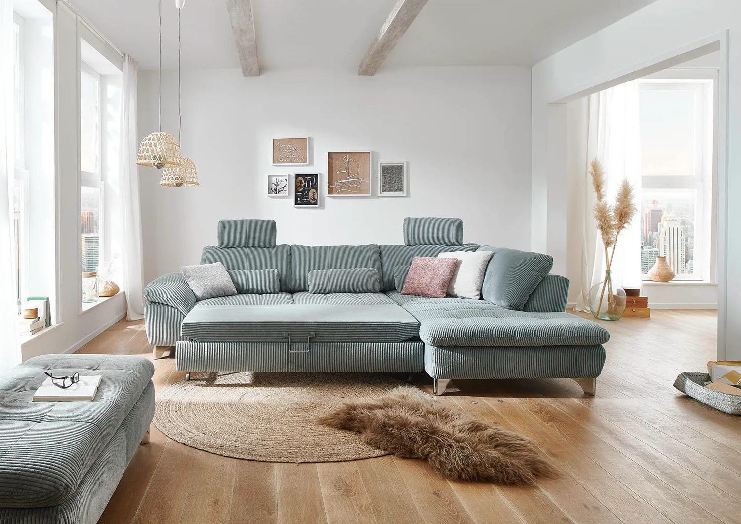 Ecksofa in Cordstoff Aqua rechts mit Schlaffunktion 