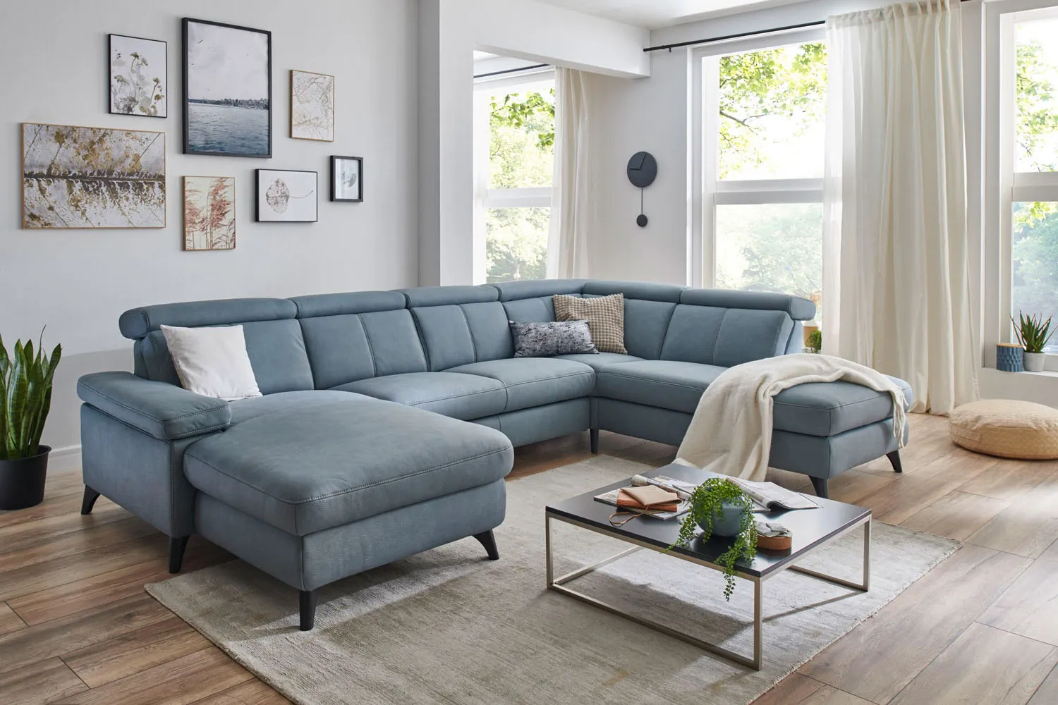 Stoff Wohnlandschaft in U Form Blau/Grau rechts