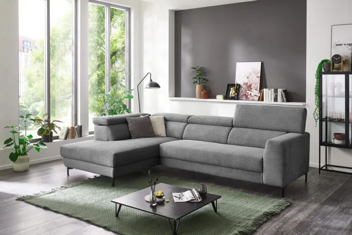 Cord Ecksofa Inkl. manueller Kopfteilverstellung Grau links