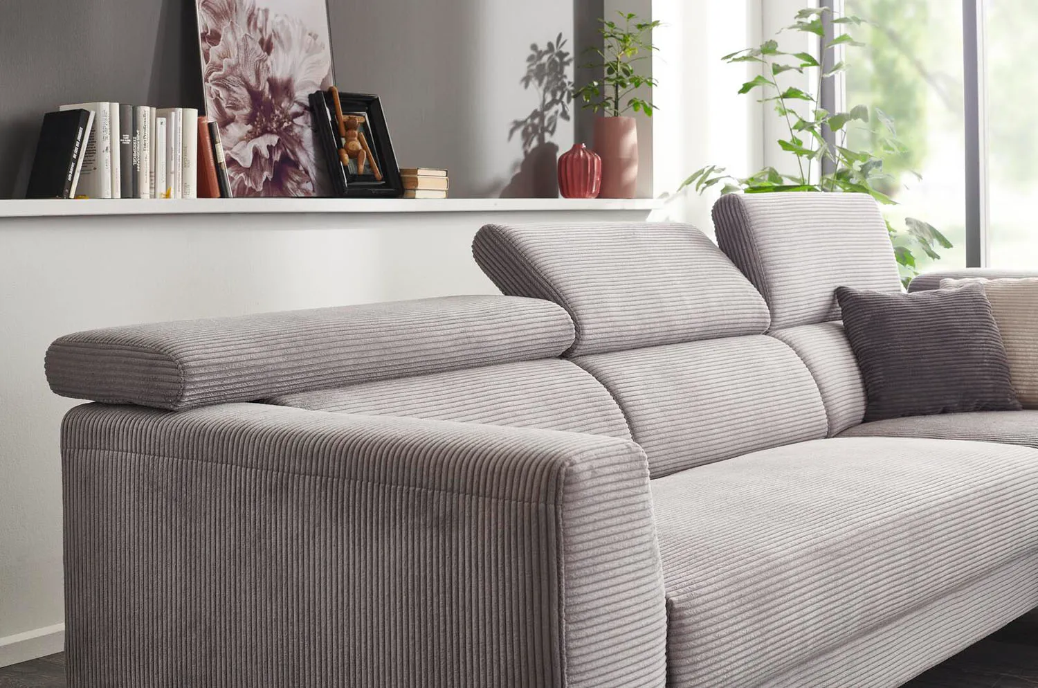 Cord Ecksofa Inkl. manueller Kopfteilverstellung Grau rechts mit Funktion 
