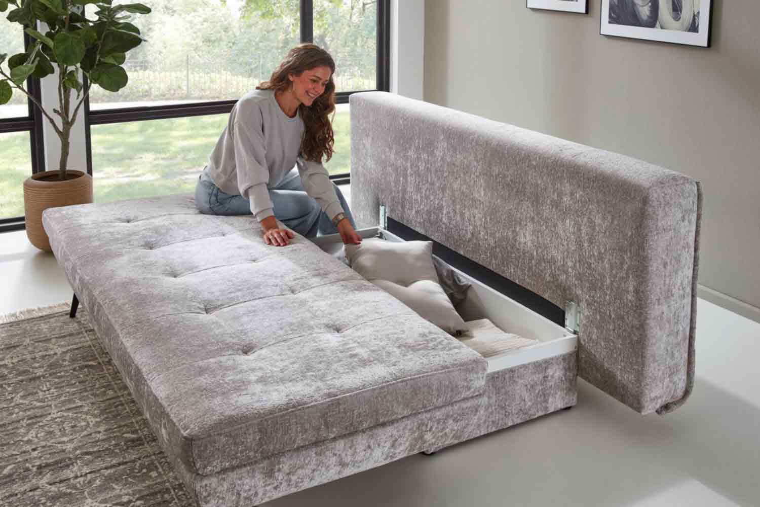Stoff Schlafsofa inkl. Schlaffunktion und Bettkasten 
