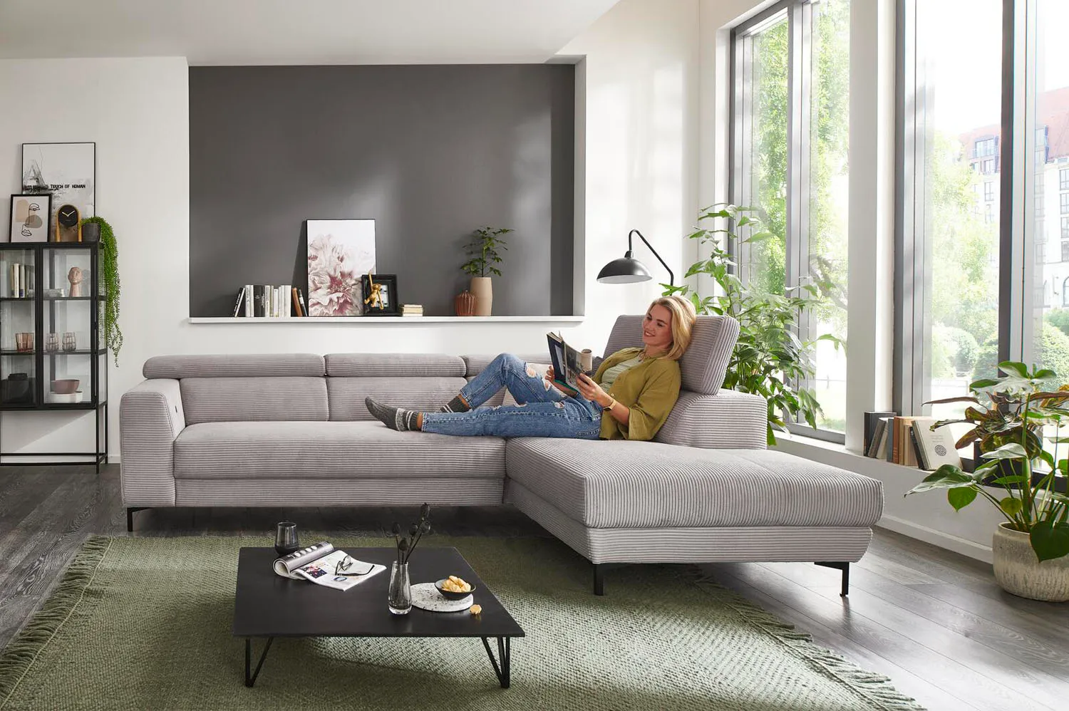 Cord Ecksofa Inkl. manueller Kopfteilverstellung Grün links mit Funktion 