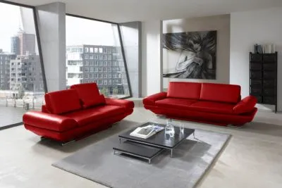 Leder Couchgarnitur Hemingway Plus mit Funktionen Rot 3-2 Set