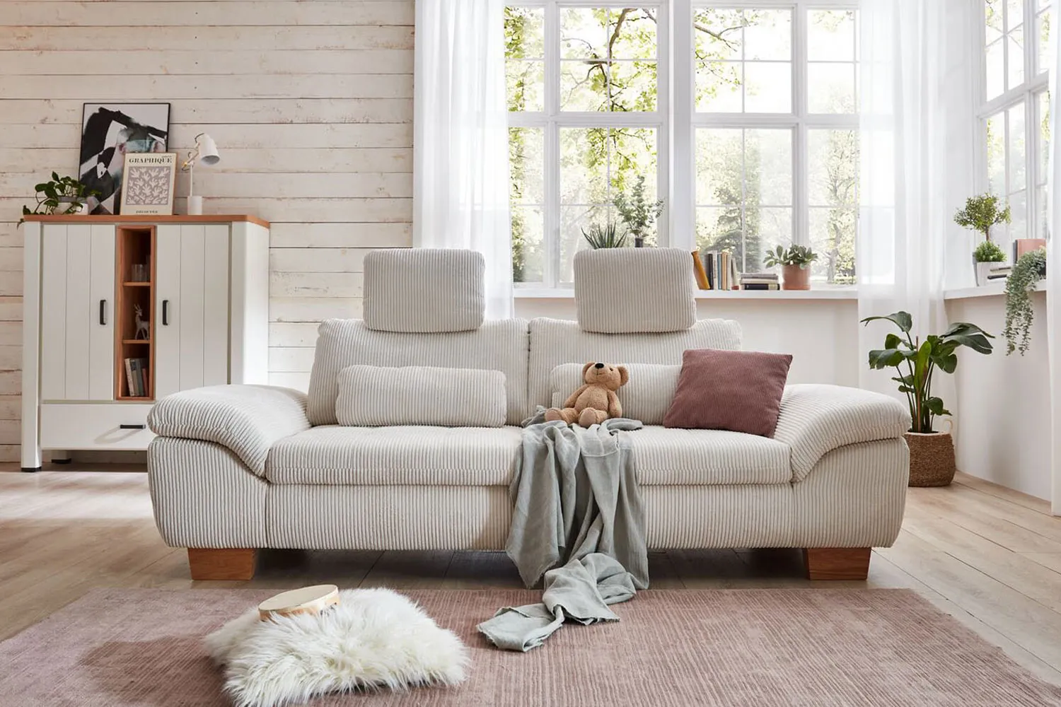 Sofa 2,5-Sitzer in Trendstoff Cord Beige mit Armteilfunktion mit Funktion 