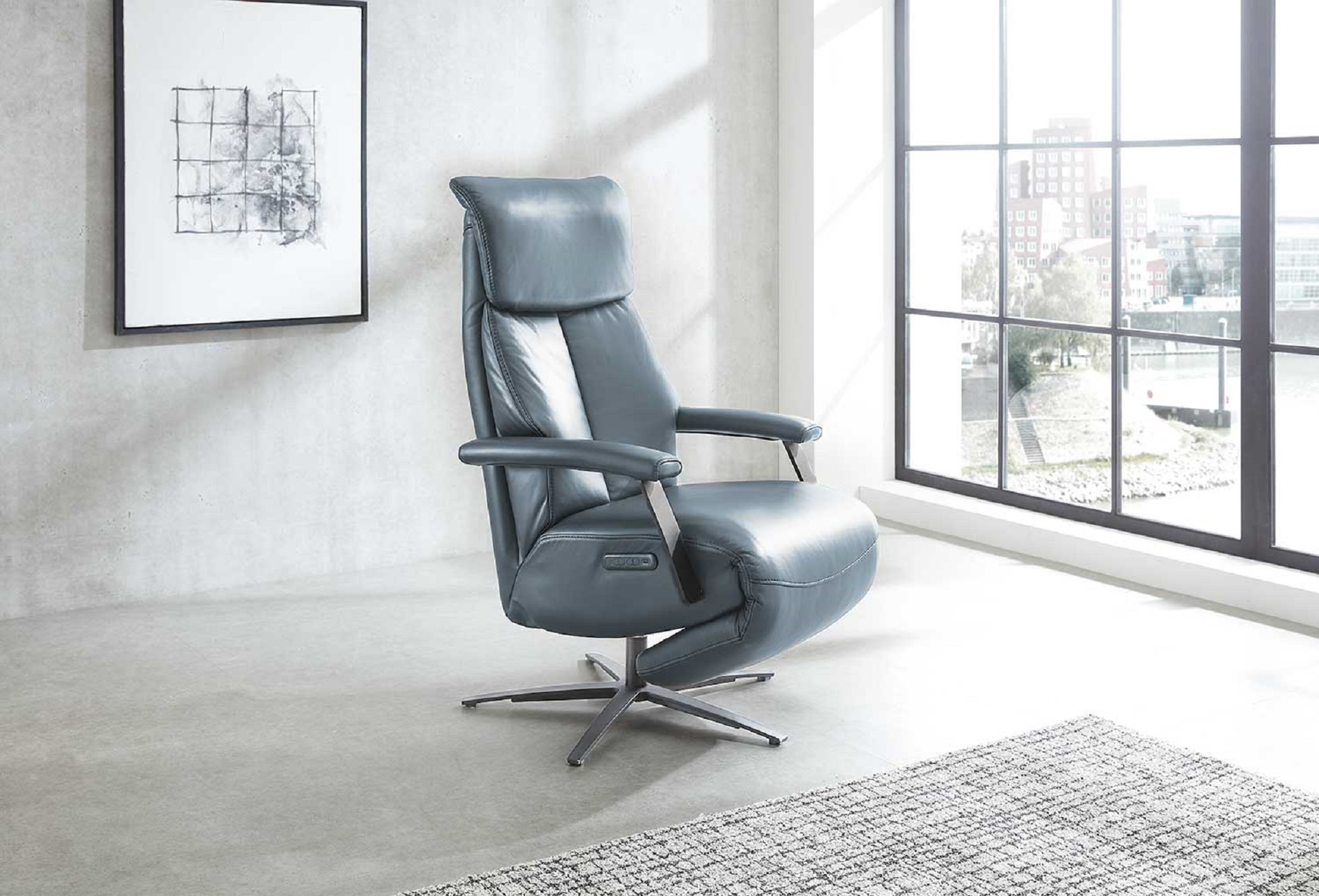 Echt Leder Relaxsessel #341 Blau mit Akku mit 3 Motoren mit Herz-Waage Position 