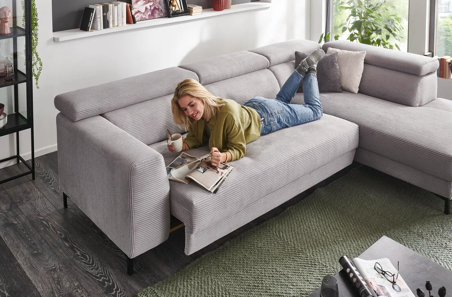 Cord Ecksofa Inkl. manueller Kopfteilverstellung Rosa rechts mit Funktion 