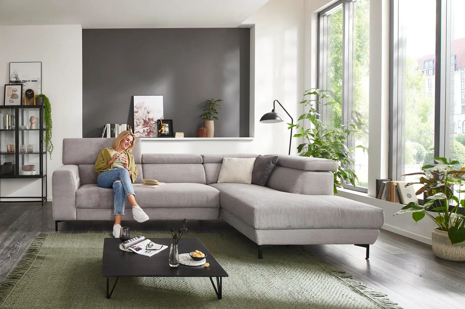 Cord Ecksofa Inkl. manueller Kopfteilverstellung Grau links