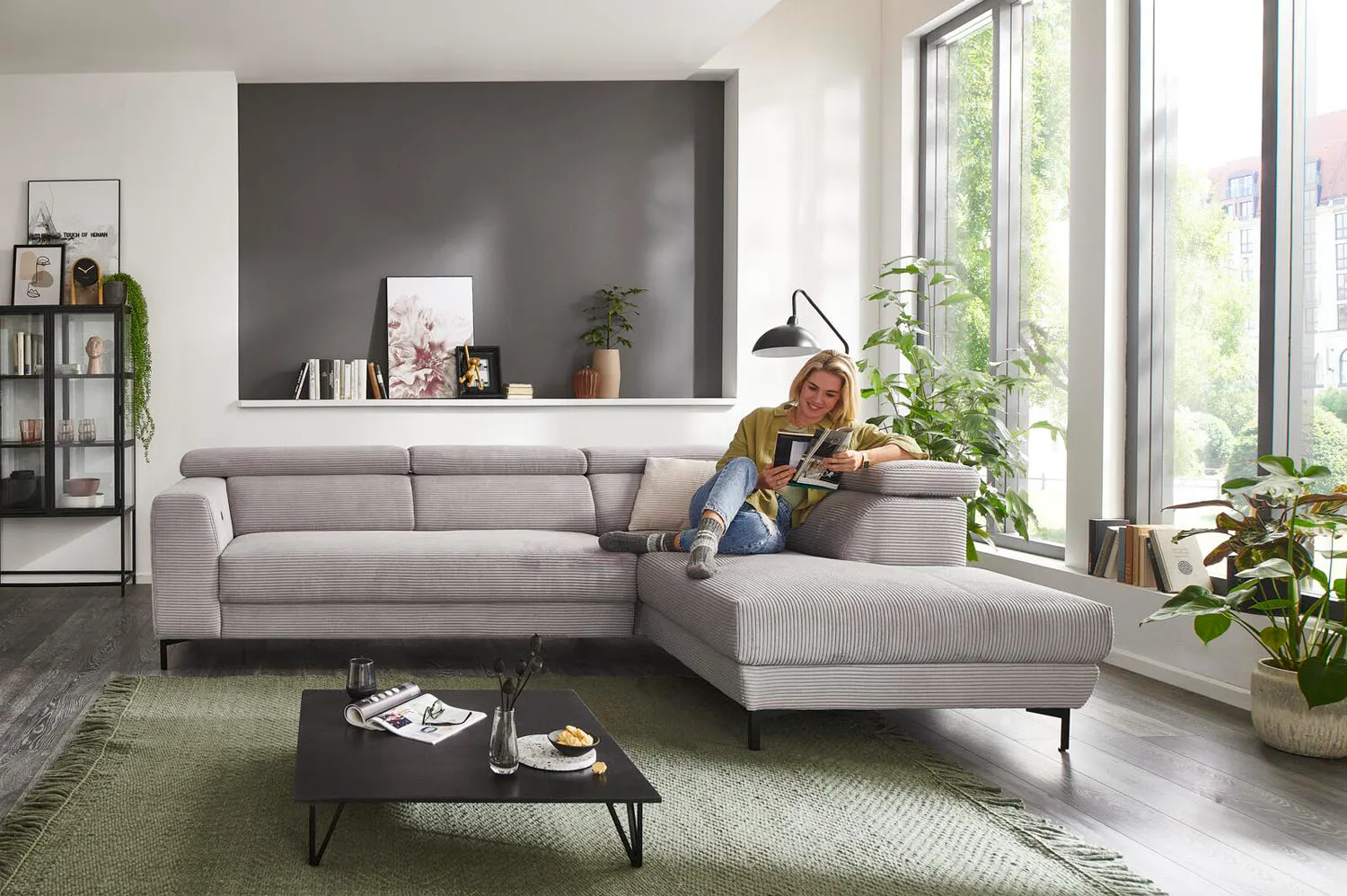 Cord Ecksofa Inkl. manueller Kopfteilverstellung Beige links mit Funktion 