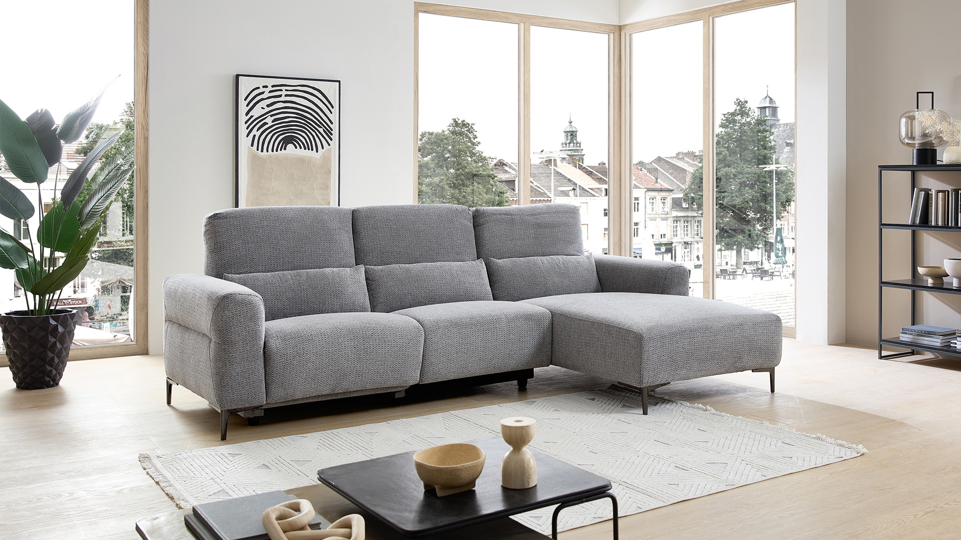 Ecksofa mit motorischer Funktion in Retro Stoff Ecksofa mit motorischer Funktion in Retro Stoff