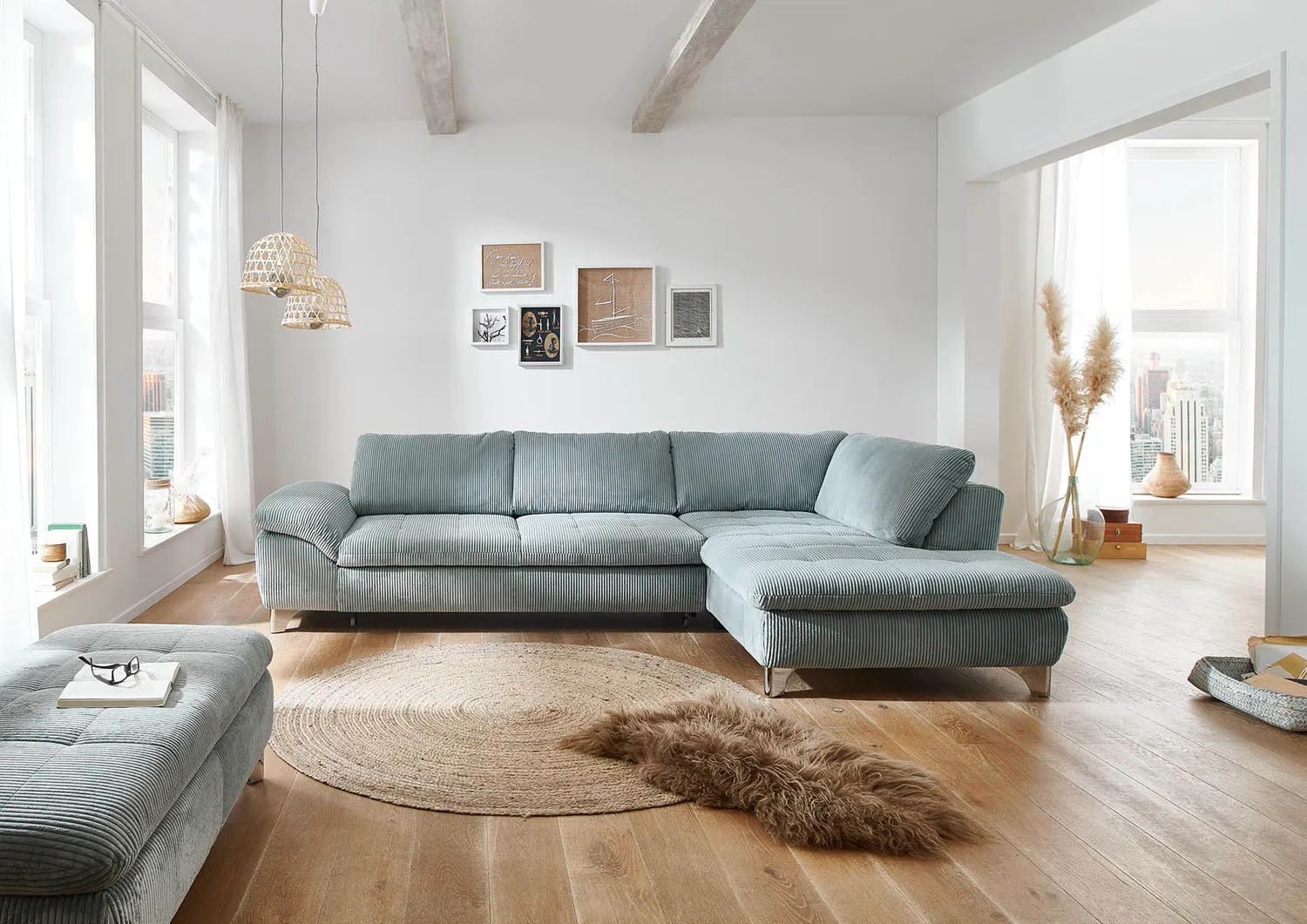 Ecksofa in Cordstoff Aqua rechts mit Armteilfunktion mit Schlaffunktion 