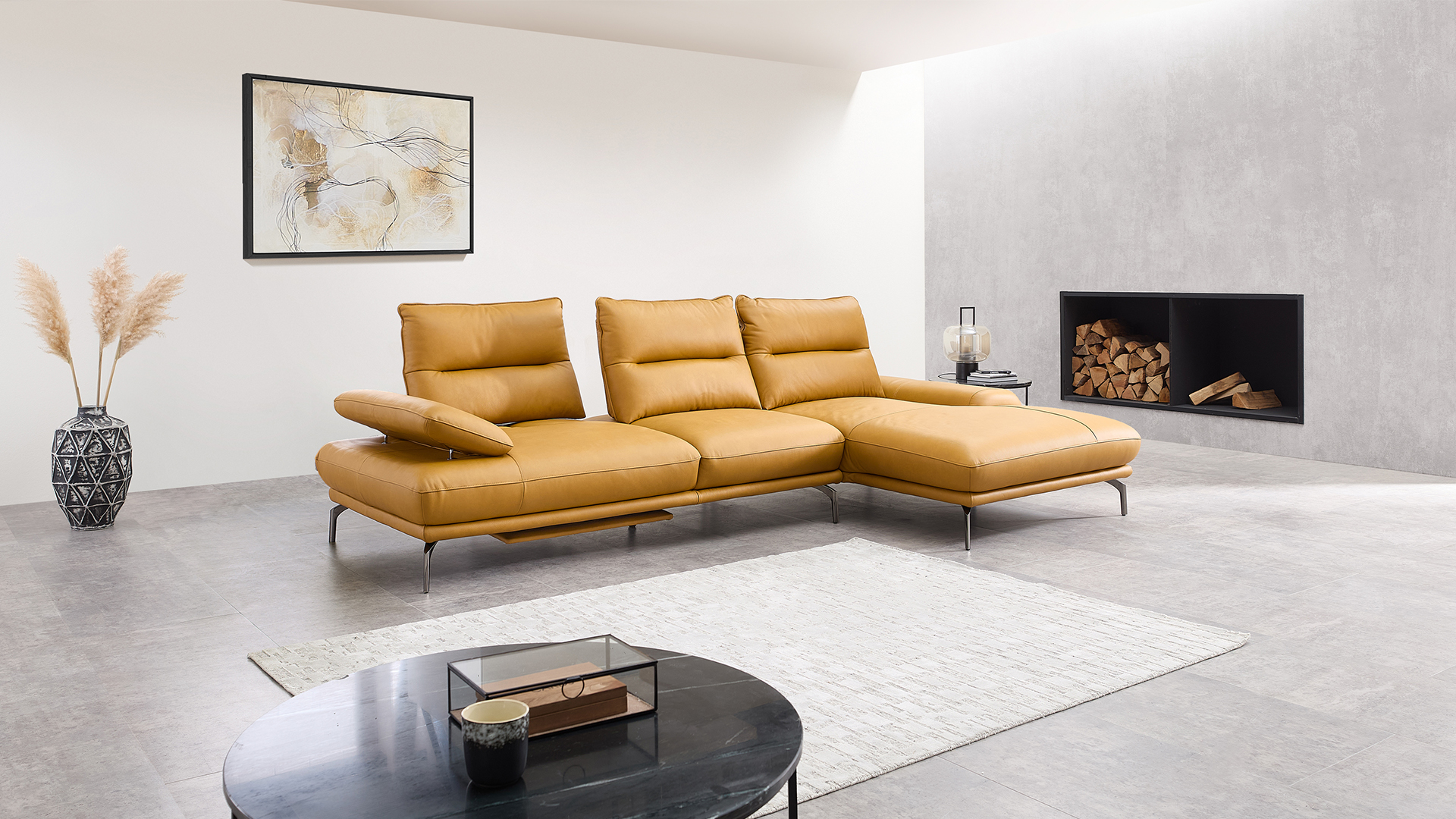 Leder Ecksofa mit Sitztiefenverstellung und motorischer Fußstütze Leder Ecksofa mit Sitztiefenverstellung und motorischer Fußstütze-05971013-WW