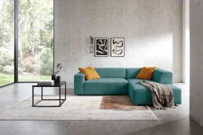 Ecksofa im Trendstoff Cord mit elektrischem Sitzvorzug mgl. Blau rechts 