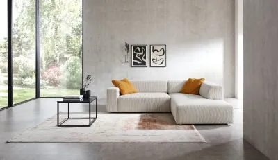 Ecksofa im Trendstoff Cord mit elektrischem Sitzvorzug mgl. Beige rechts mit Funktion