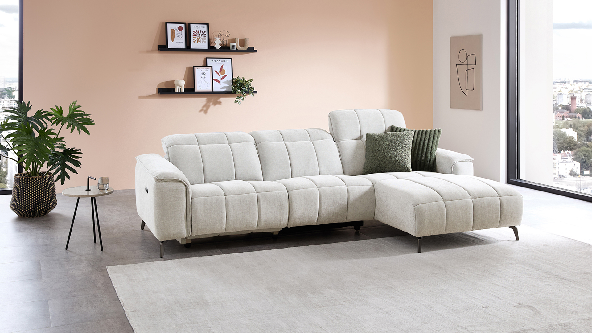 Stoff Ecksofa mit manueller Kopfteilverstellung und motorischer Relaxfunktion-05971020WW