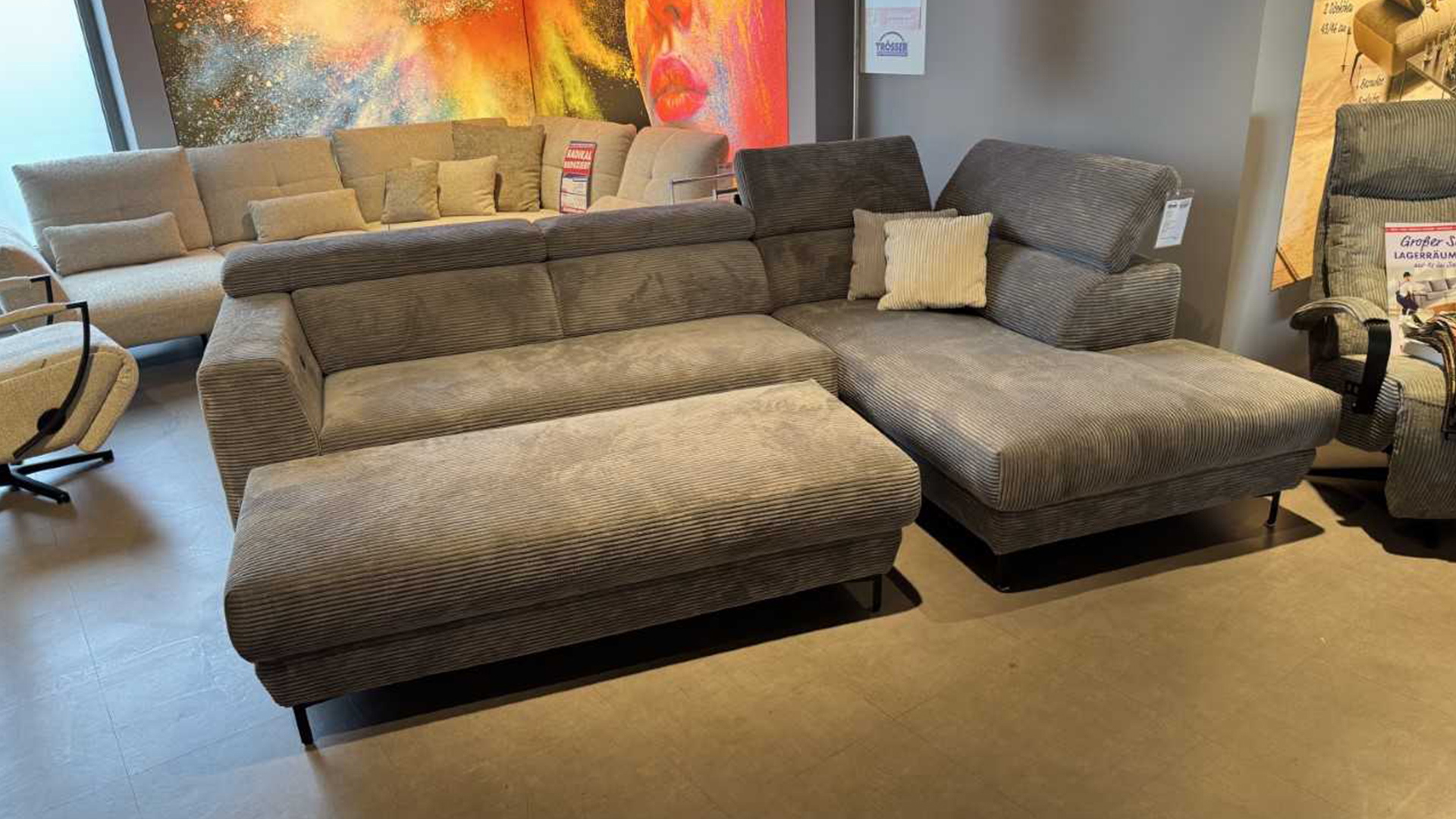 Ecksofa inkl. motorischer Sitzvorzug mit Hocker in Trendstoff Cord-0612003900-36WW-A