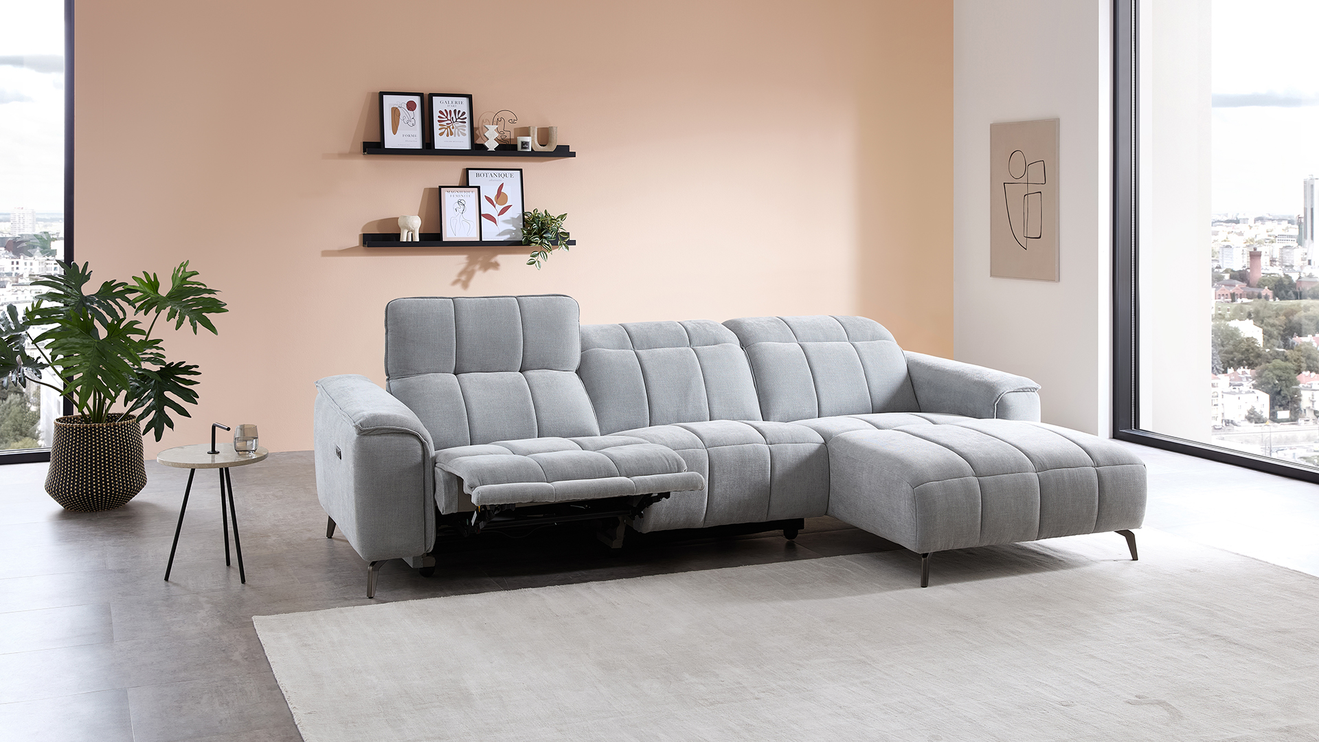 Stoff Ecksofa mit manueller Kopfteilverstellung und motorischer Relaxfunktion-05971020WW