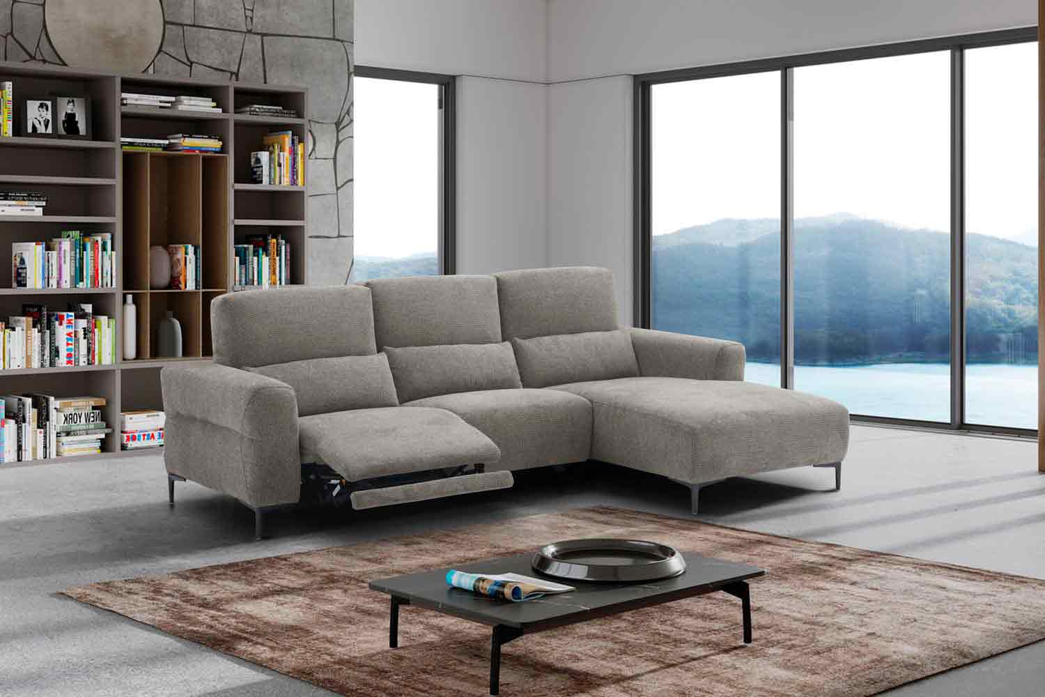 Ecksofa inkl. motorischer Funktion im trendigen Retro Stoff Ecksofa inkl. motorischer Funktion im trendigen Retro Stoff
