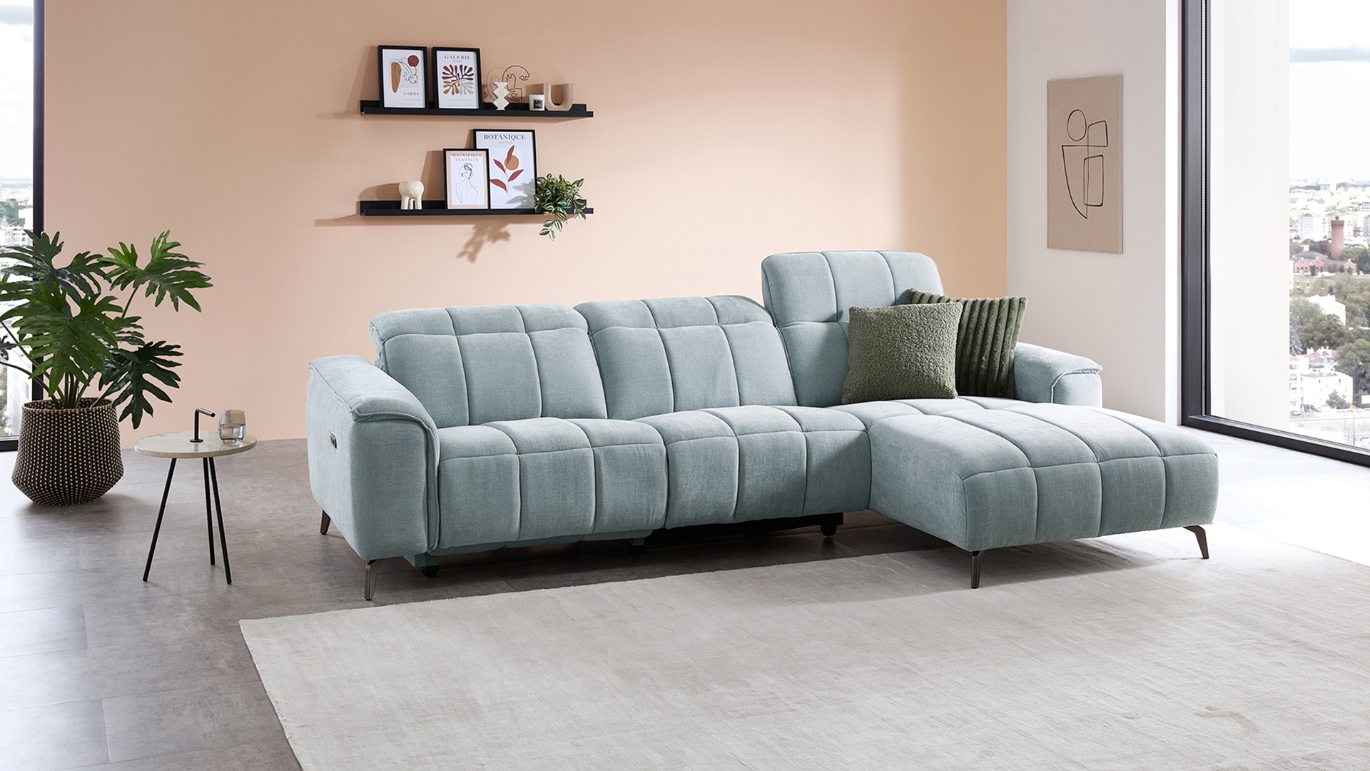 Stoff Ecksofa mit manueller Kopfteilverstellung und motorischer Relaxfunktion-05971020WW