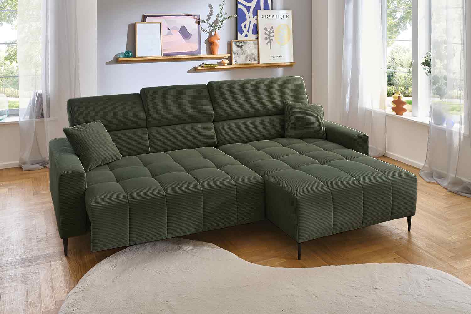 Ecksofa inkl. motorischem Sitzvorzug in Trendstoff Cord