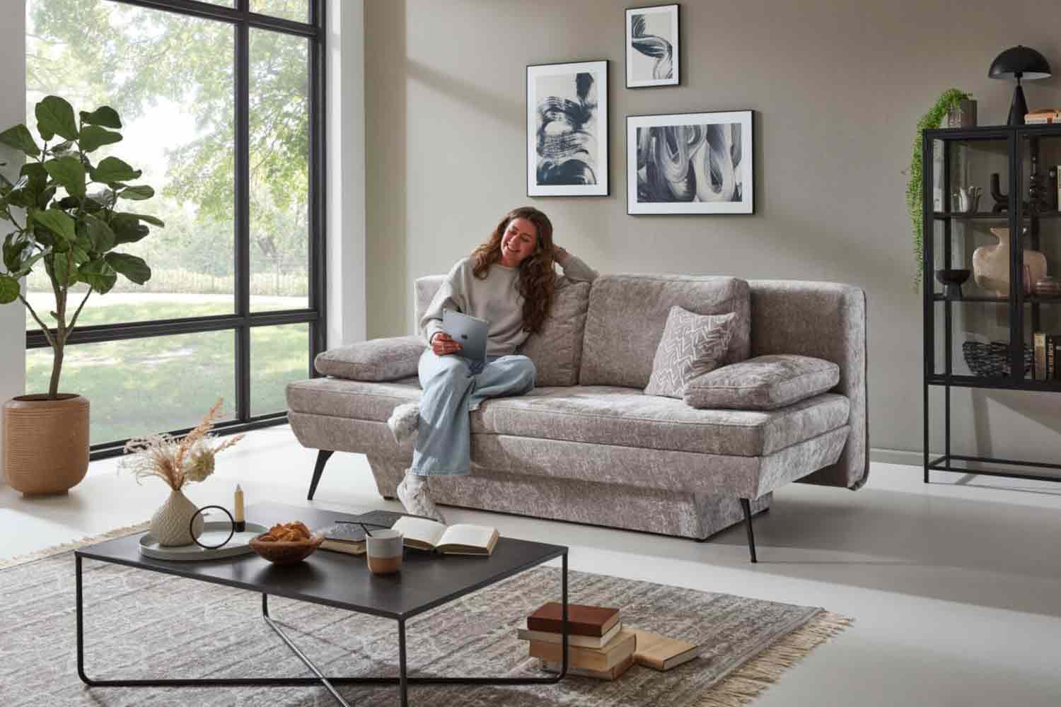 Stoff Schlafsofa inkl. Schlaffunktion und Bettkasten 