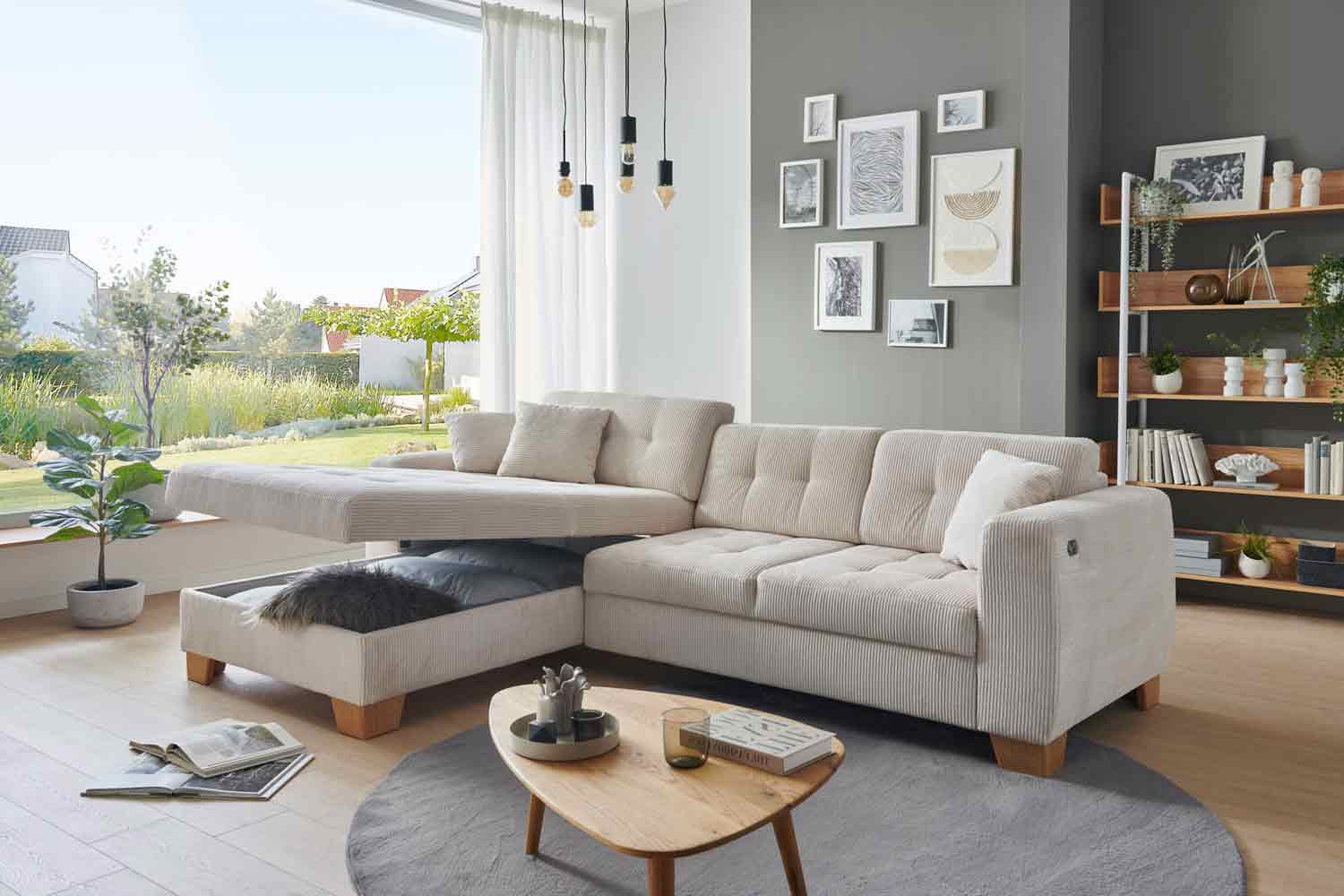 Ecksofa Milo mit motor Sitzvorzug und Bettkasten Cord Ecksofa Milo mit motor Sitzvorzug und Bettkasten Cord