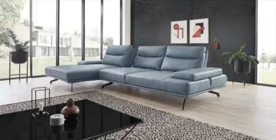 Echt Leder Ecksofa Novara inkl. Kopfteilfunktion & Sitztiefenverstellung Blau links