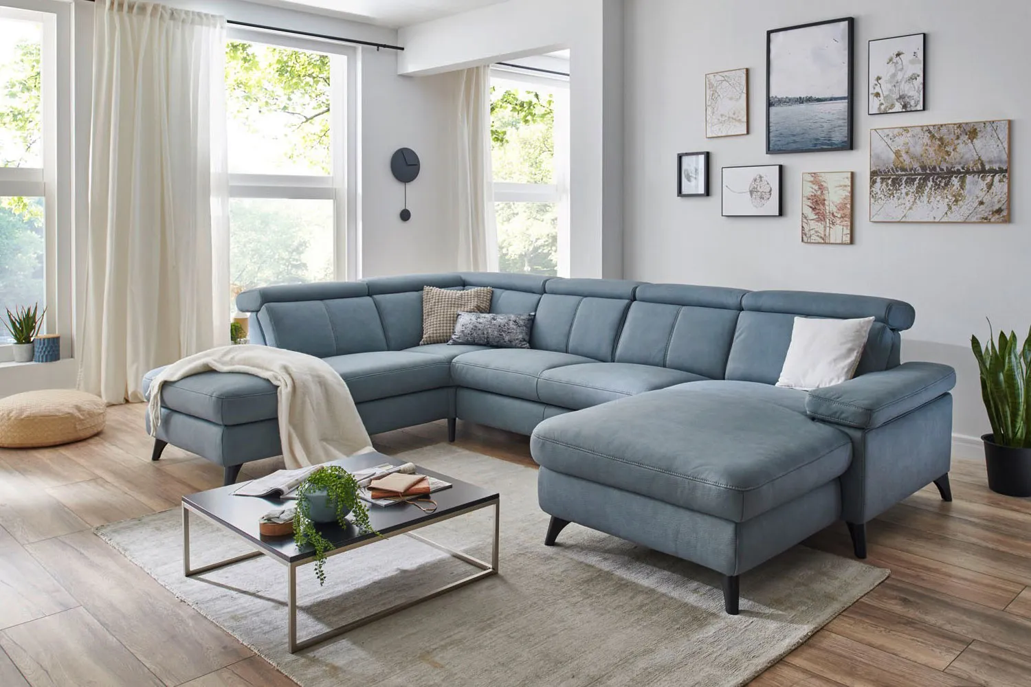 Stoff Wohnlandschaft in U Form Blau/Grau links
