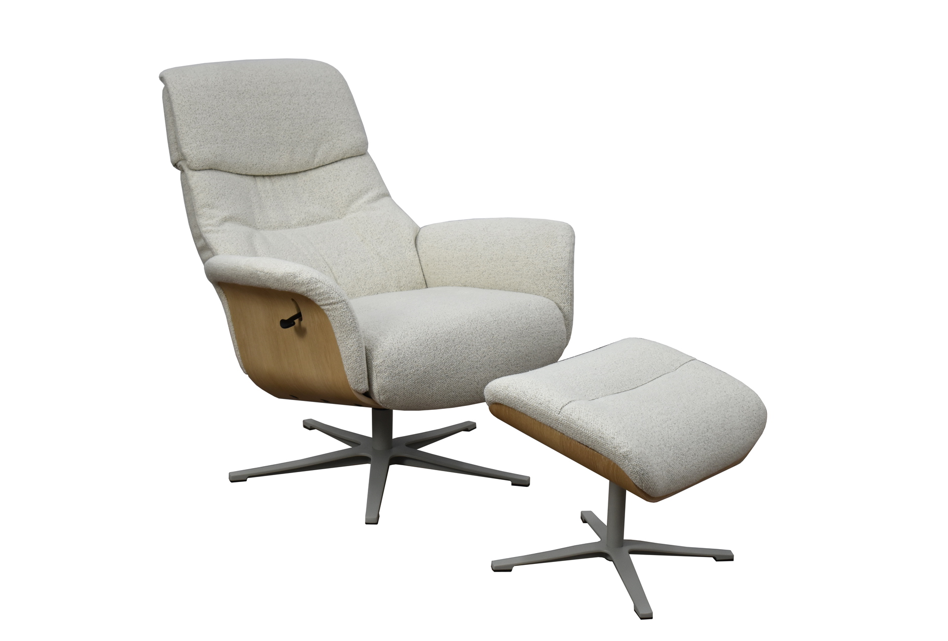 Relaxsessel Lion mit Holzapplikation und Hocker in Stoff