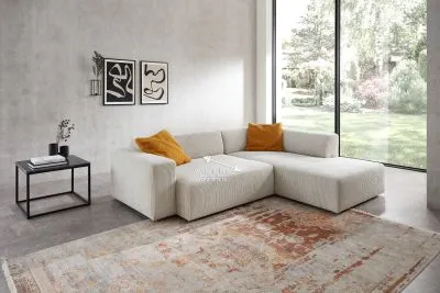 Ecksofa im Trendstoff Cord mit elektrischem Sitzvorzug mgl. Beige links