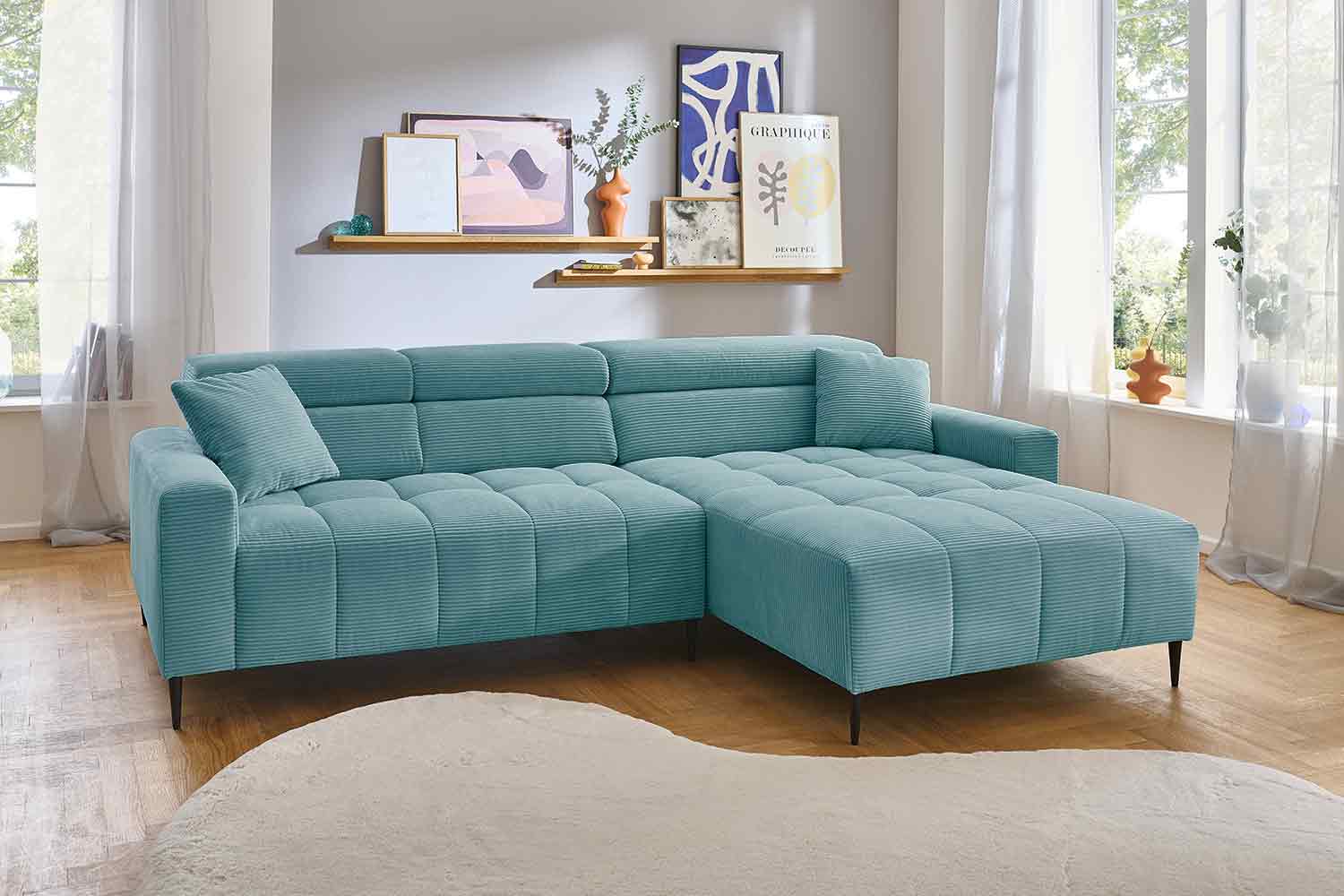 Ecksofa inkl. motorischem Sitzvorzug in Trendstoff Cord