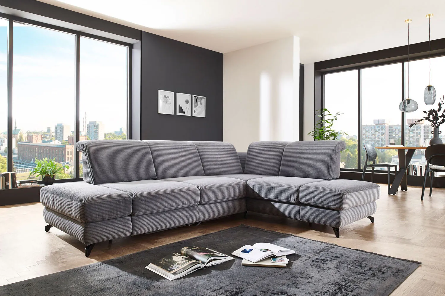 Cord Ecksofa in L-Form Grau rechts mit Armteilfunktion mit Schlaffunktion 