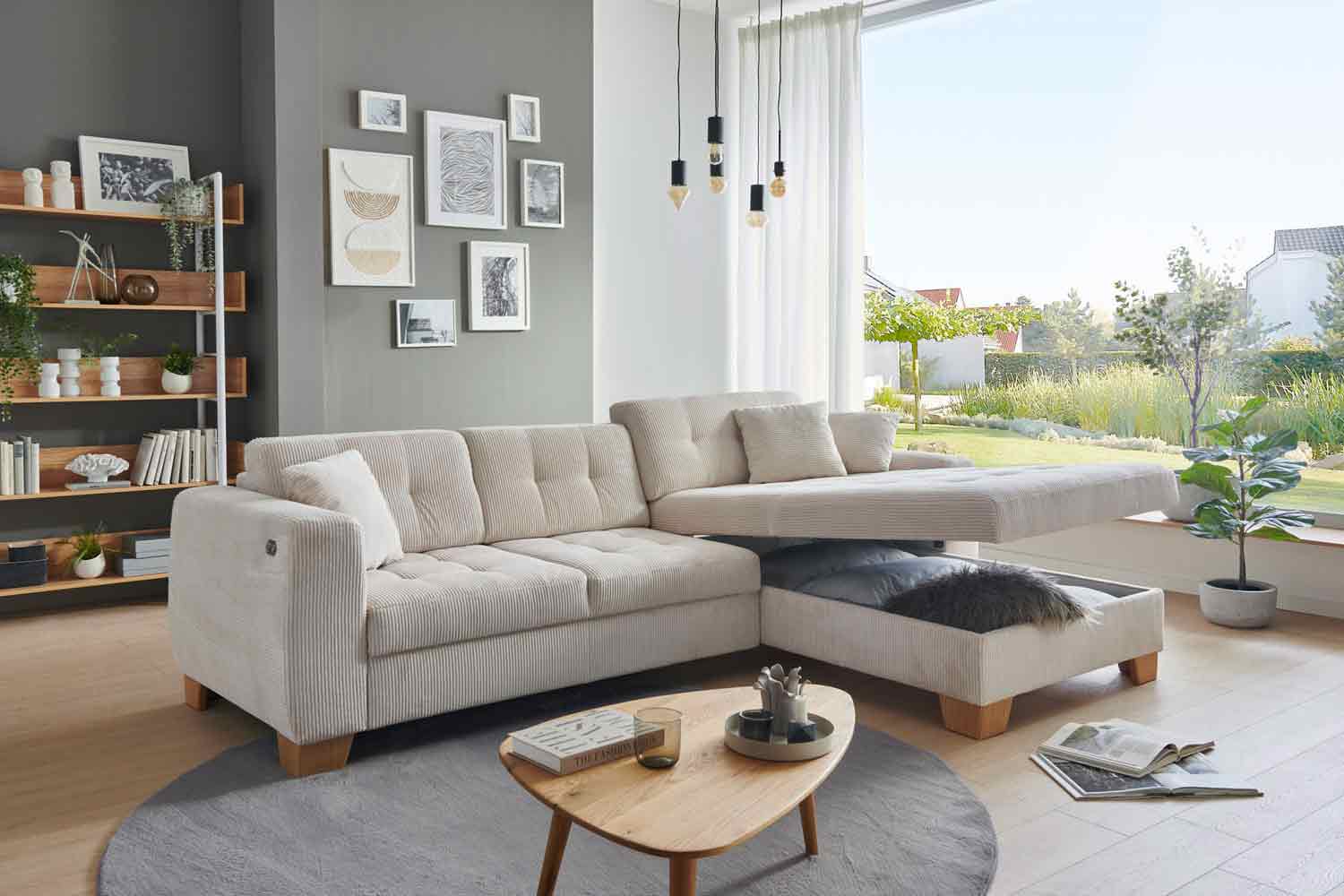 Ecksofa Milo mit motor Sitzvorzug und Bettkasten Cord Ecksofa Milo mit motor Sitzvorzug und Bettkasten Cord