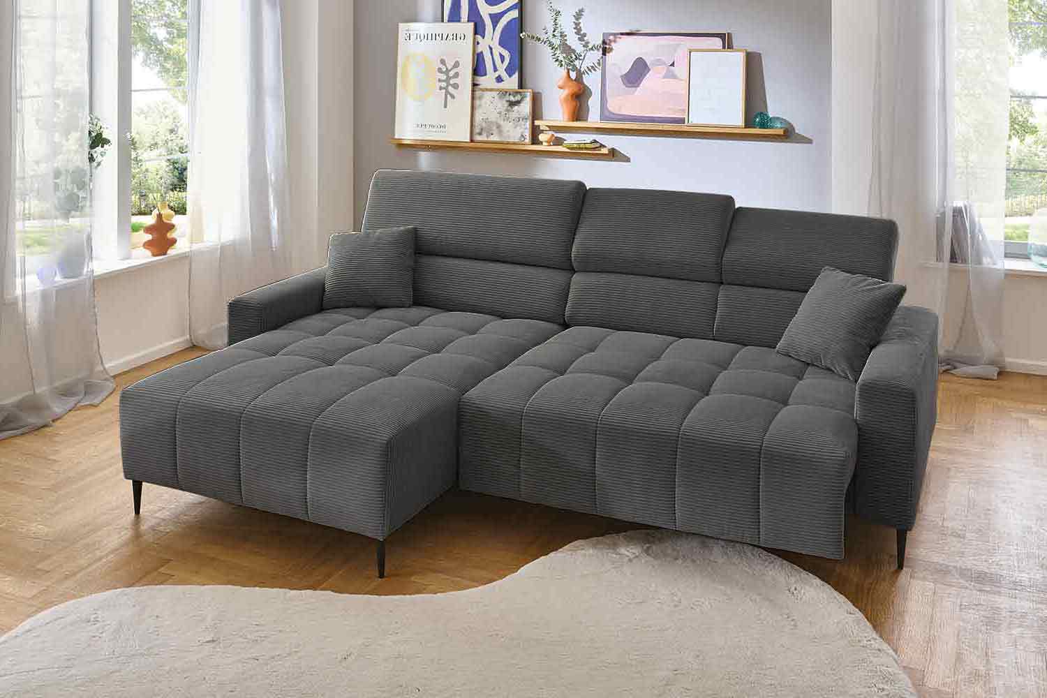 Ecksofa inkl. motorischem Sitzvorzug in Trendstoff Cord