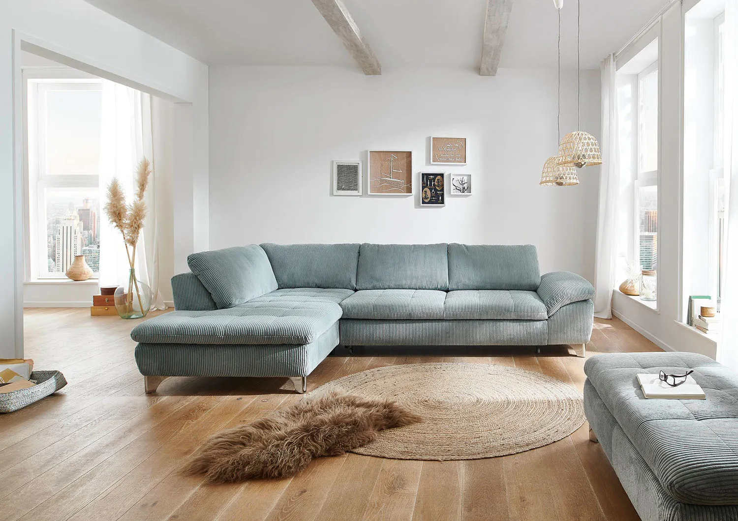 Ecksofa in Cordstoff Aqua links mit Armteilfunktion mit Stauraum mit Schlaffunktion 