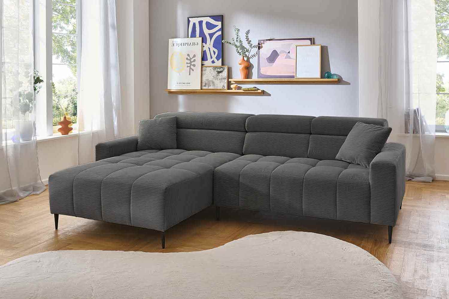 Ecksofa inkl. motorischem Sitzvorzug in Trendstoff Cord
