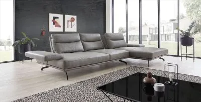 Echt Leder Ecksofa Novara inkl. Kopfteilfunktion & Sitztiefenverstellung Hellgrau rechts
