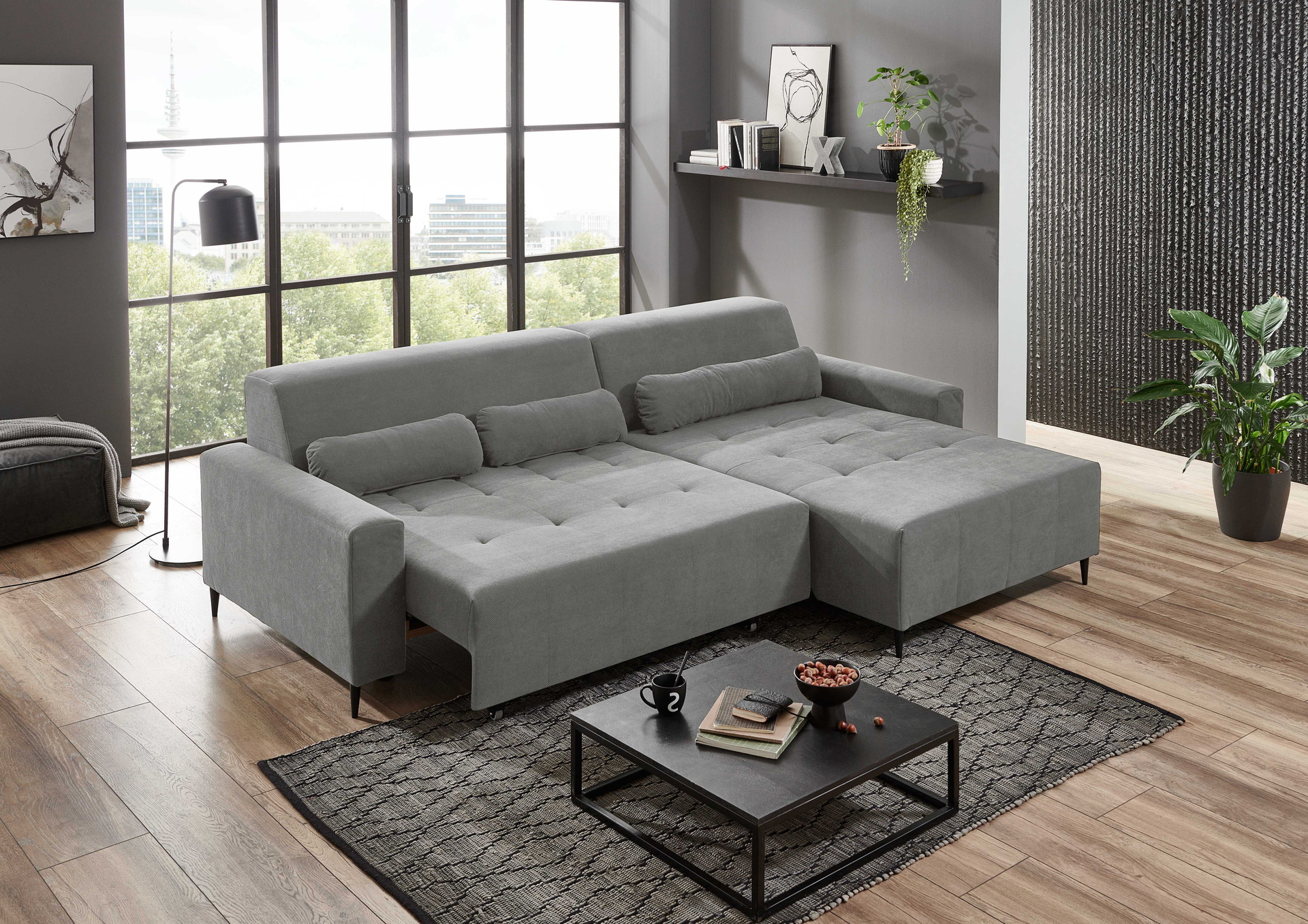 Ecksofa Linz mit motorischer XL-Sitztiefenverstellung in Stoff-0646Linz00WW