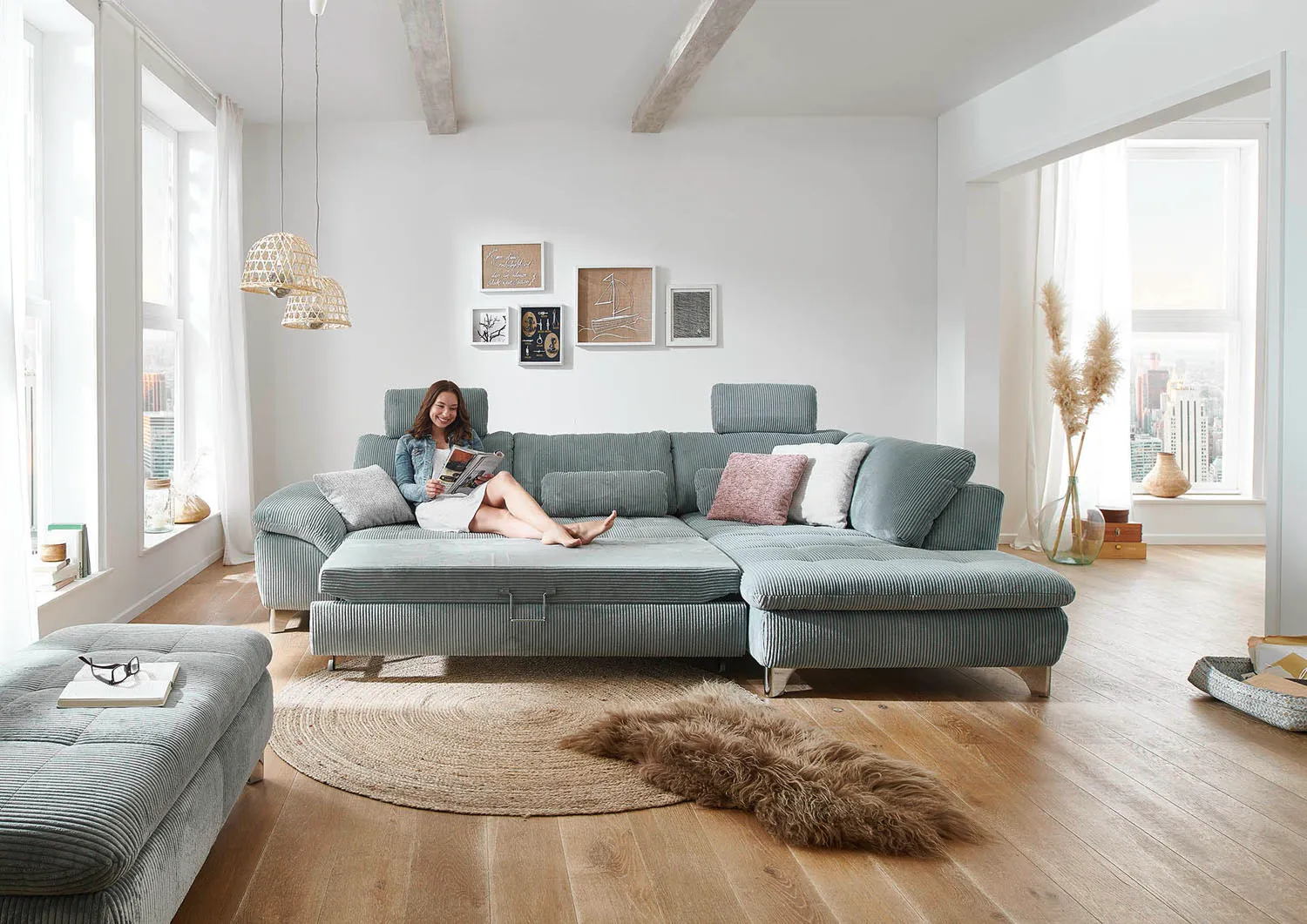 Ecksofa in Cordstoff Aqua rechts mit Funktion mit Schlaffunktion 