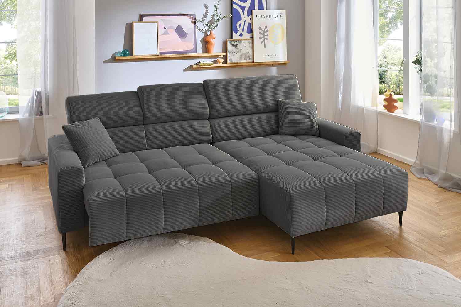 Ecksofa inkl. motorischem Sitzvorzug in Trendstoff Cord
