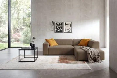 Ecksofa im Trendstoff Cord mit elektrischem Sitzvorzug mgl. Braun links