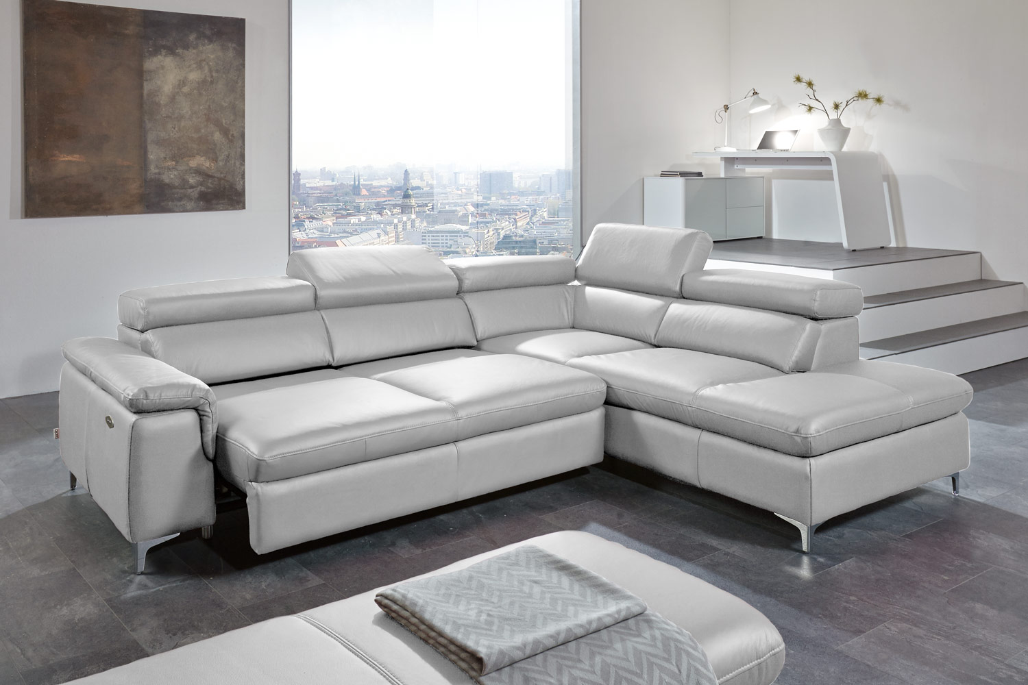 Echt Leder Ecksofa Bastia inkl. Vorziehsitz Hellgrau rechts 